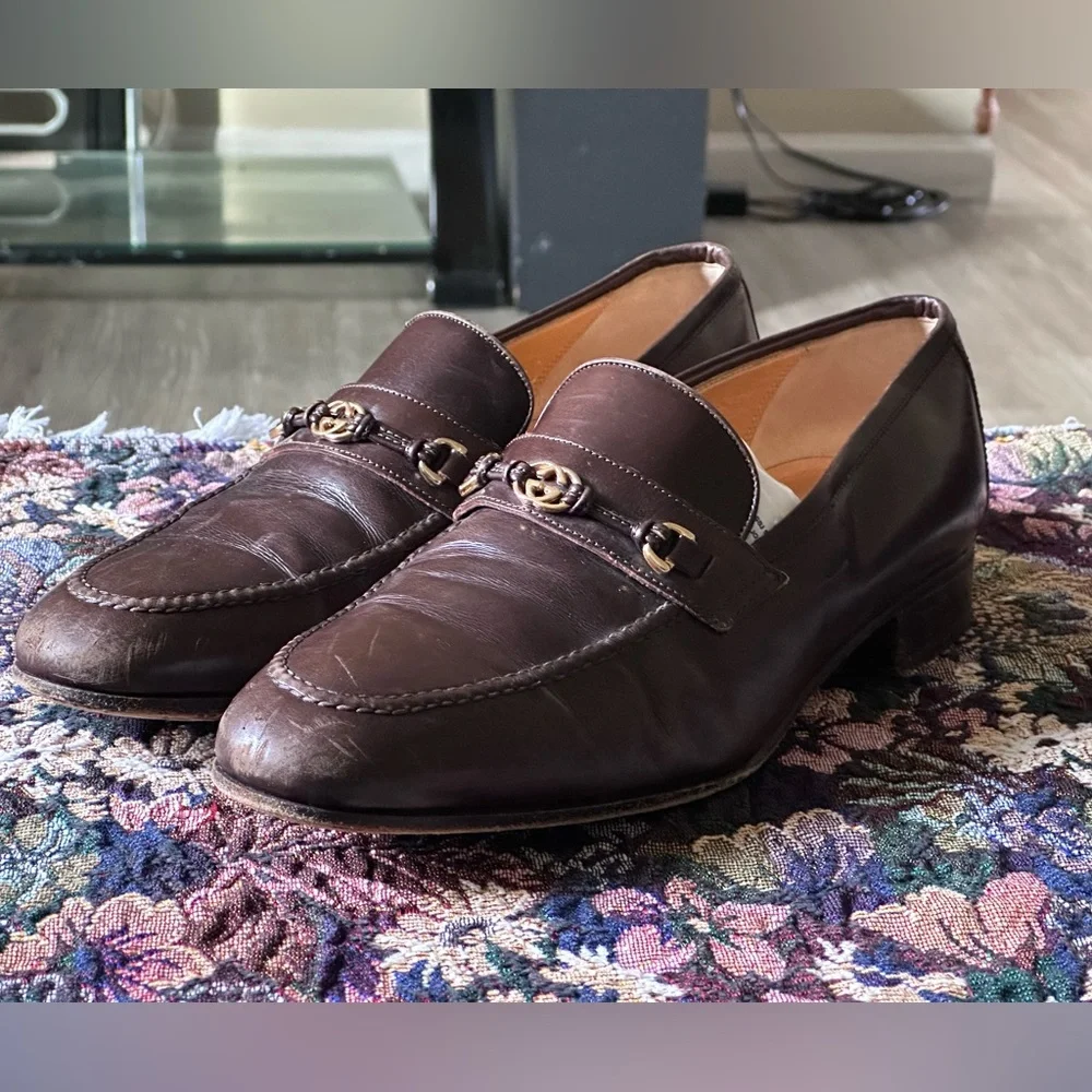 Gucci | Shoes | Vtg Gucci Classic Gg Gold Brown Leather Mens  display picture 1